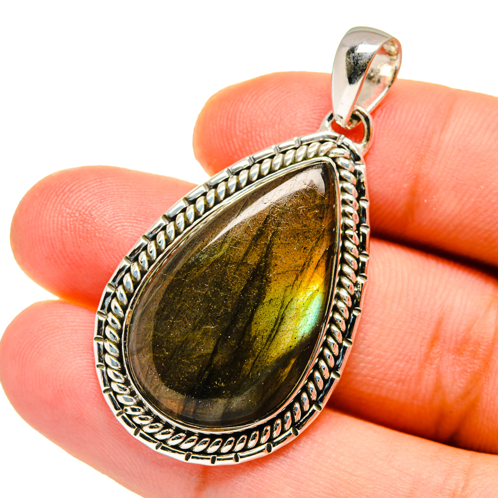 Labradorite pendant in 925 sterling silver teardrop bezel with green-gold labradorite