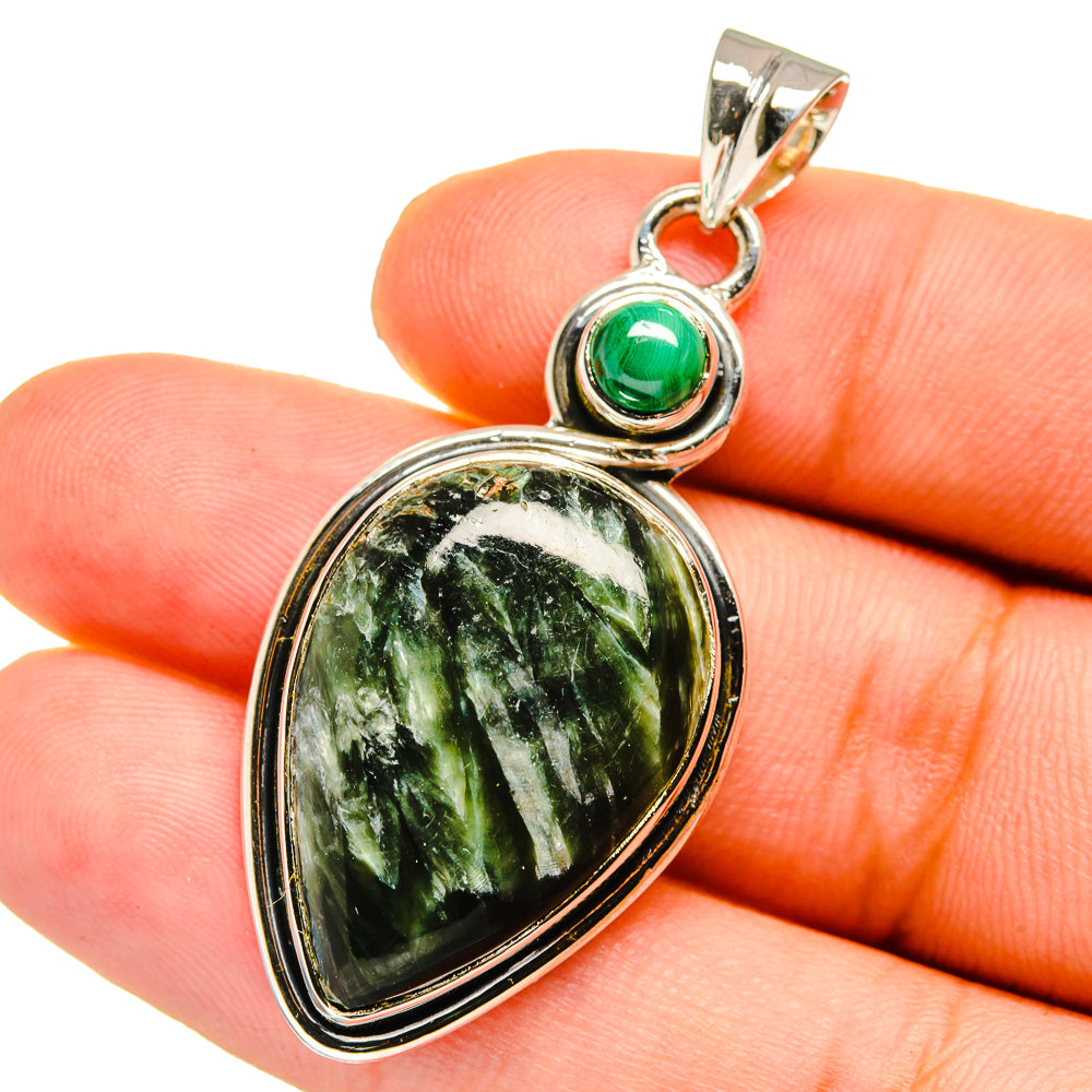 Sterling silver malachite pendant, teardrop green stone with small round green cabochon
