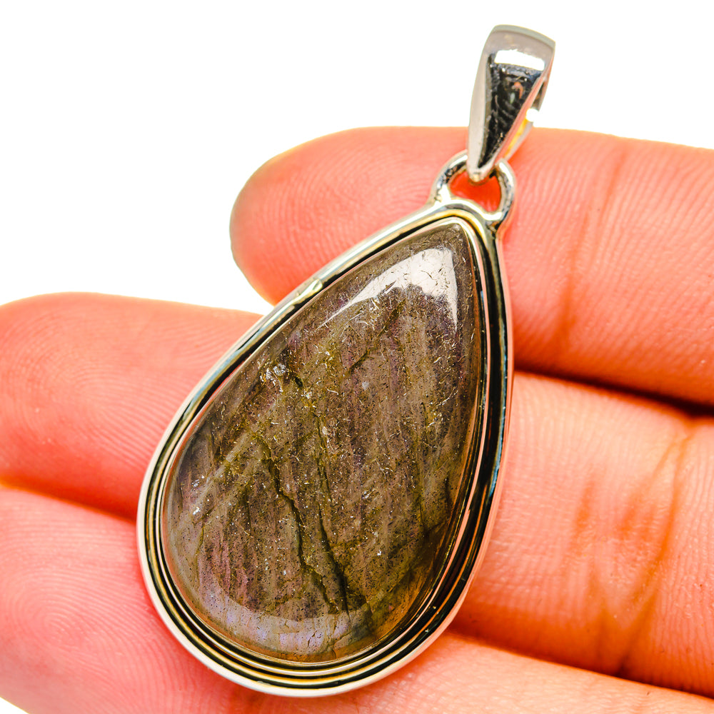 Labradorite pendant in silver teardrop with olive-brown stone and bail loop