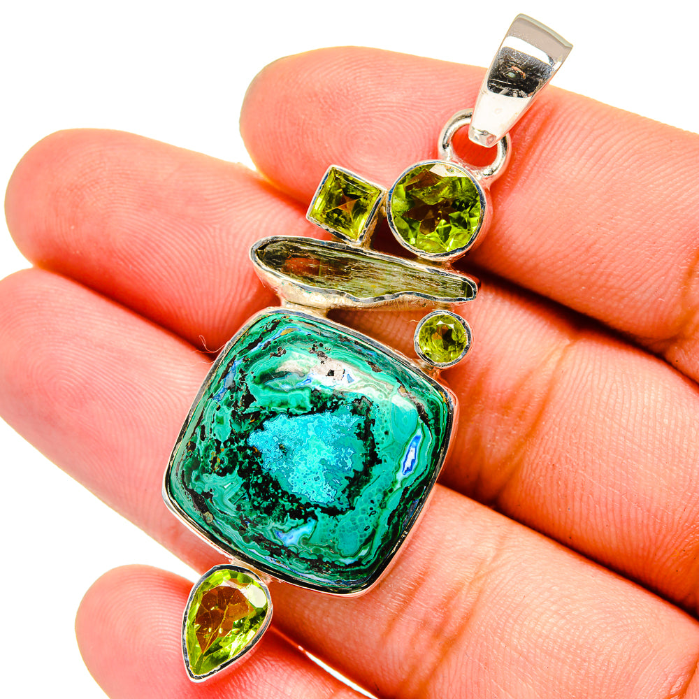 Turquoise malachite pendant with peridot green accents in sterling silver bail