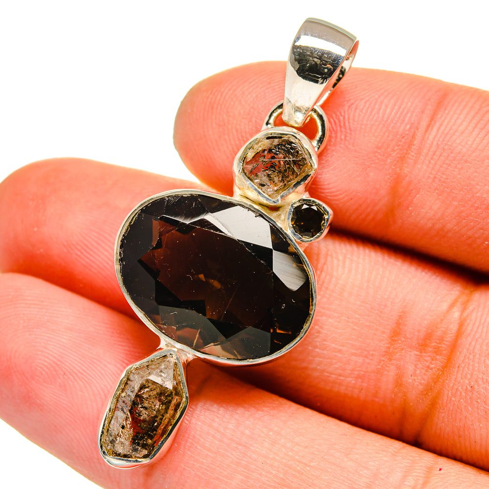 Smoky quartz pendant in 925 sterling silver with dark faceted stone and rough crystal accents