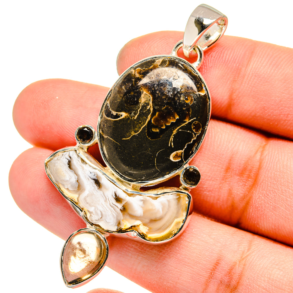 Turritella Agate, Mother Of Pearl, Smoky Quartz Pendants handcrafted by Ana Silver Co - PD13528