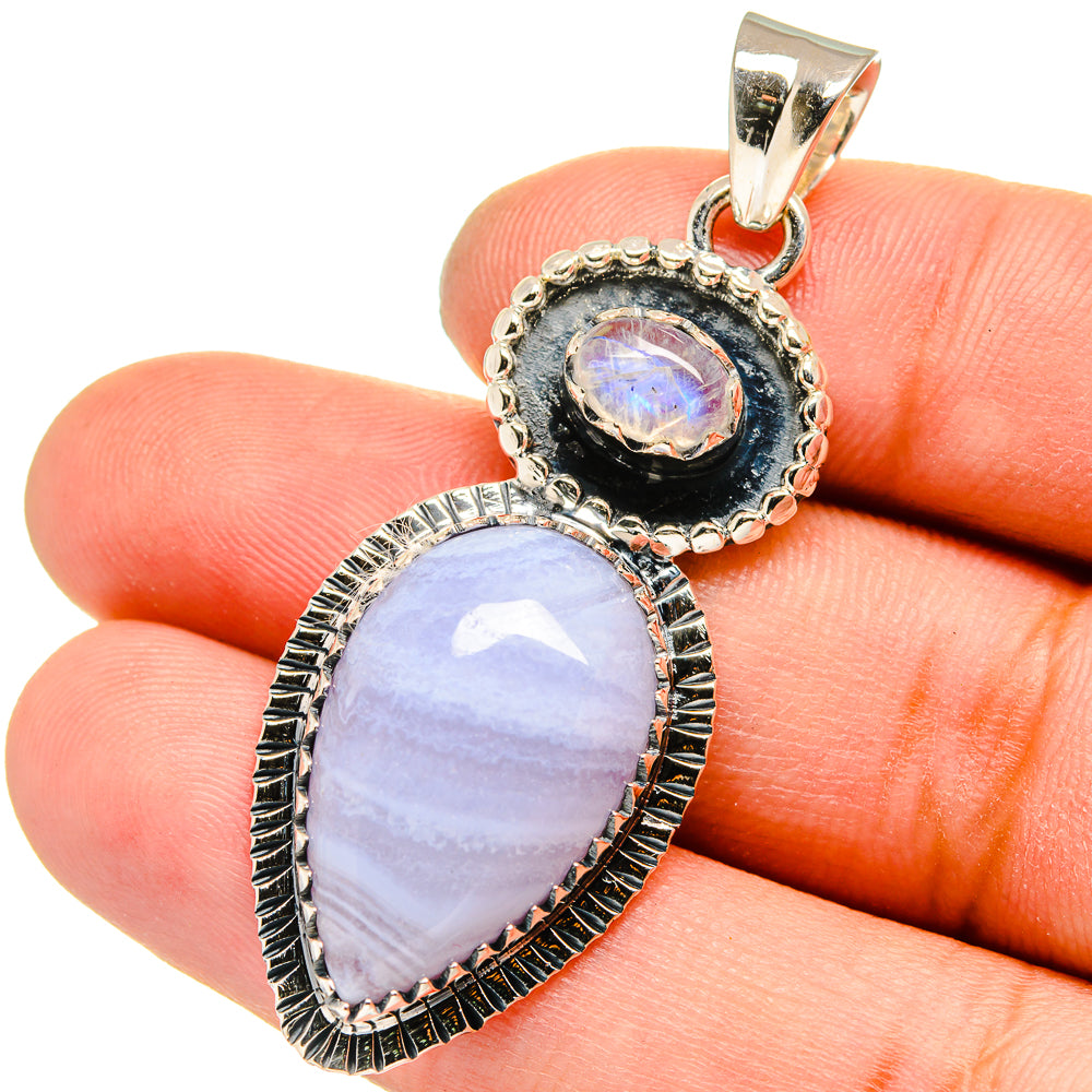 Blue Lace Agate, Rainbow Moonstone Pendants handcrafted by Ana Silver Co - PD13548