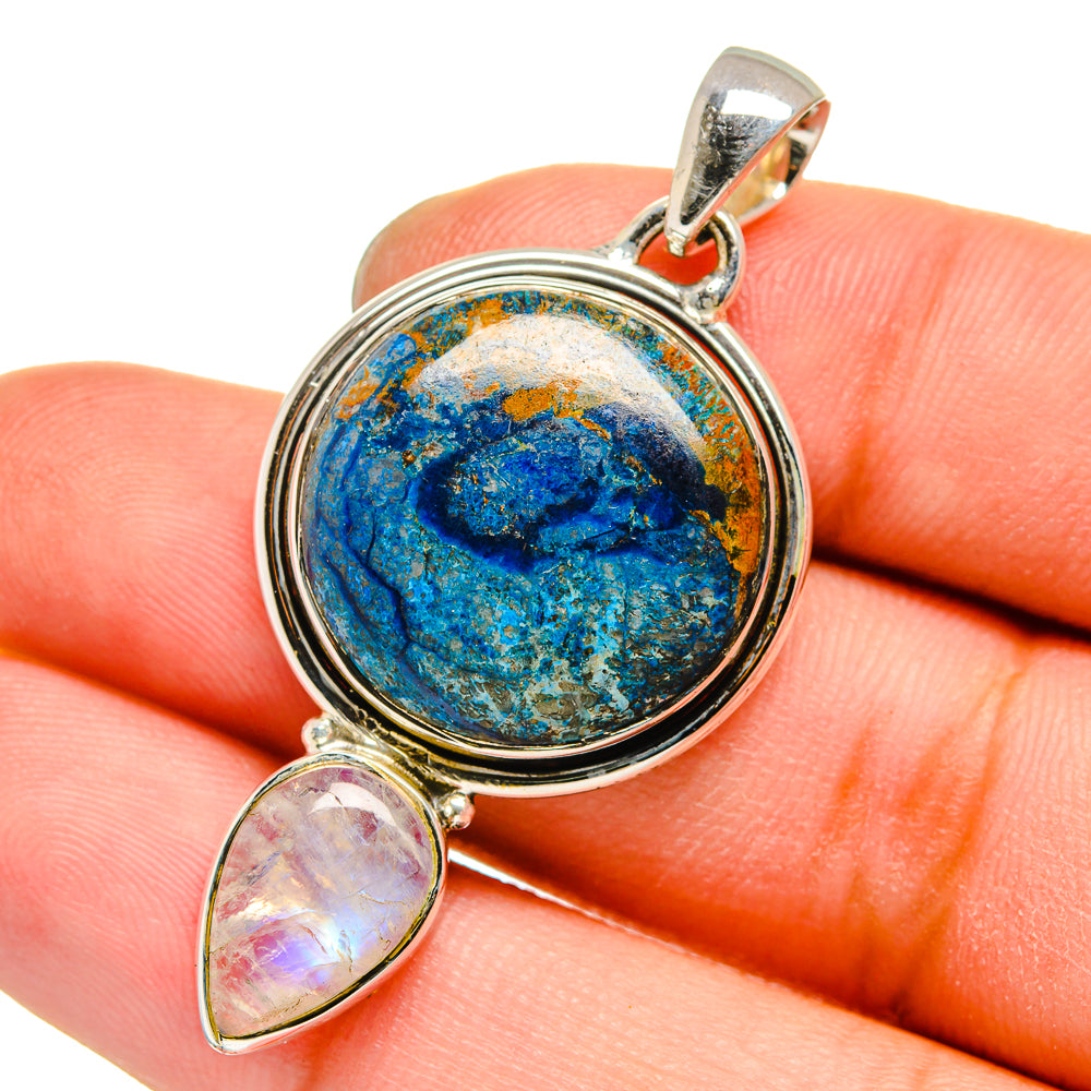 Sterling silver pendant with round blue azurite stone and bezel, plus teardrop moonstone