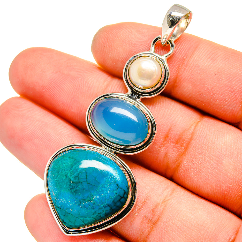 Chrysocolla, Aqua Chalcedony, Cultured Pearl Pendants handcrafted by Ana Silver Co - PD13570