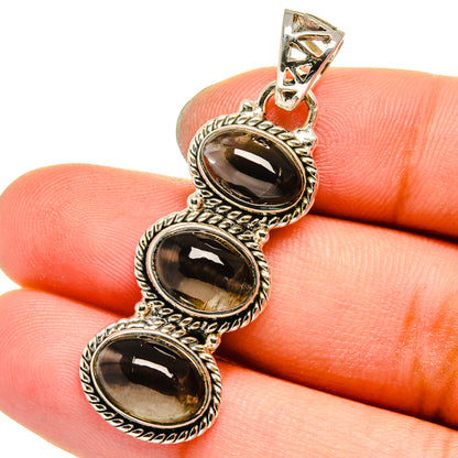 925 sterling silver 3-stone smoky quartz pendant with three oval dark cabochons