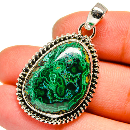 Sterling silver teardrop pendant with green malachite-chrysocolla marbled stone