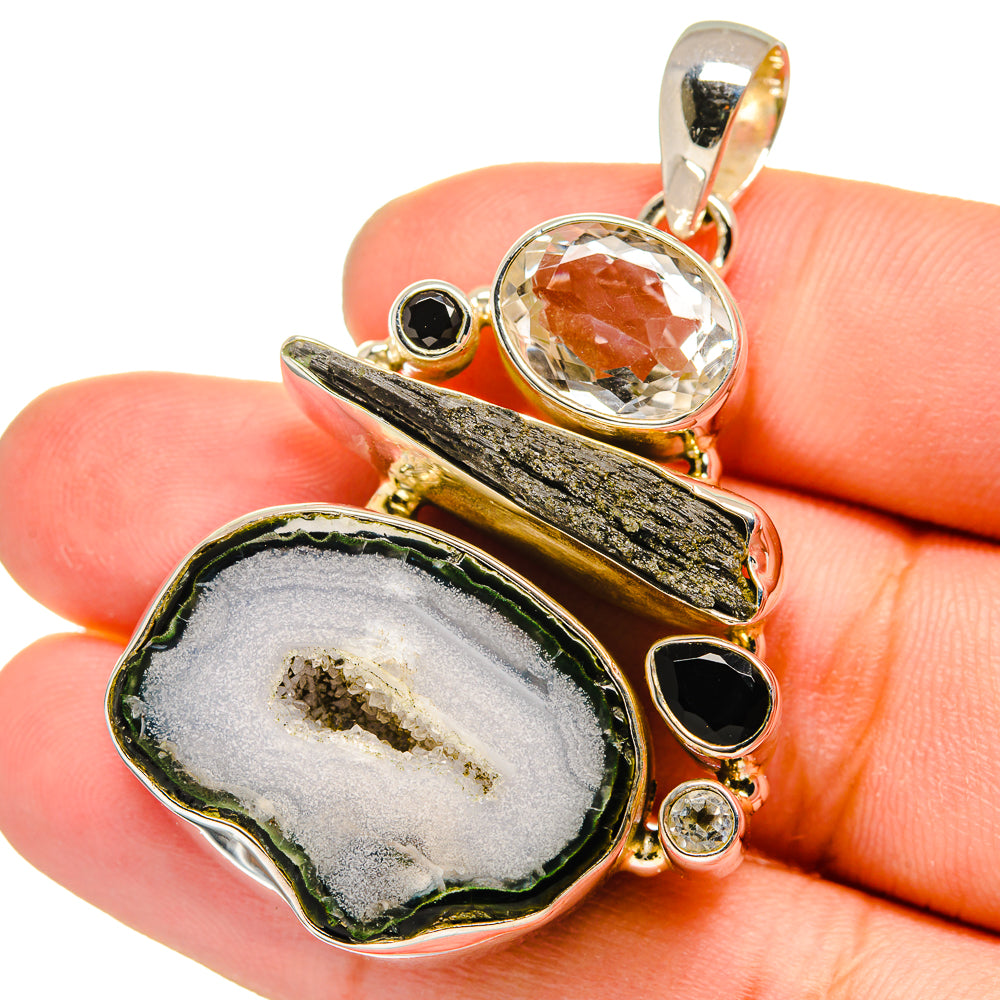 Coconut Geode Slice, White Quartz, Black Tourmaline, Black Onyx Pendants handcrafted by Ana Silver Co - PD13623
