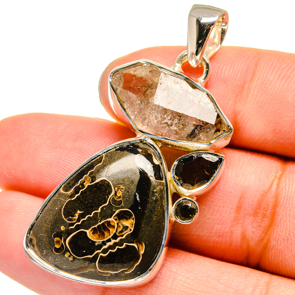 Turritella Agate, Herkimer Diamond, Smoky Quartz Pendants handcrafted by Ana Silver Co - PD13638