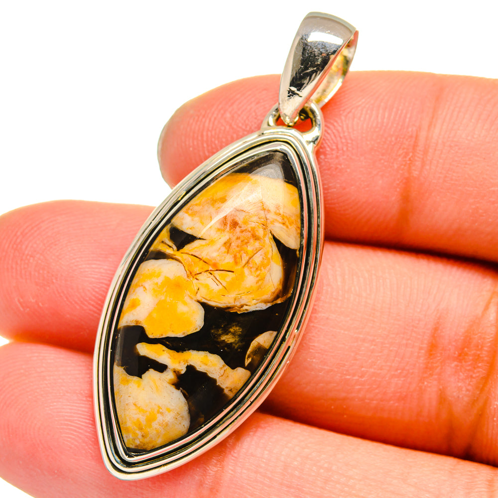 Teardrop jasper pendant in 925 sterling silver with orange and black stone, gold loop top