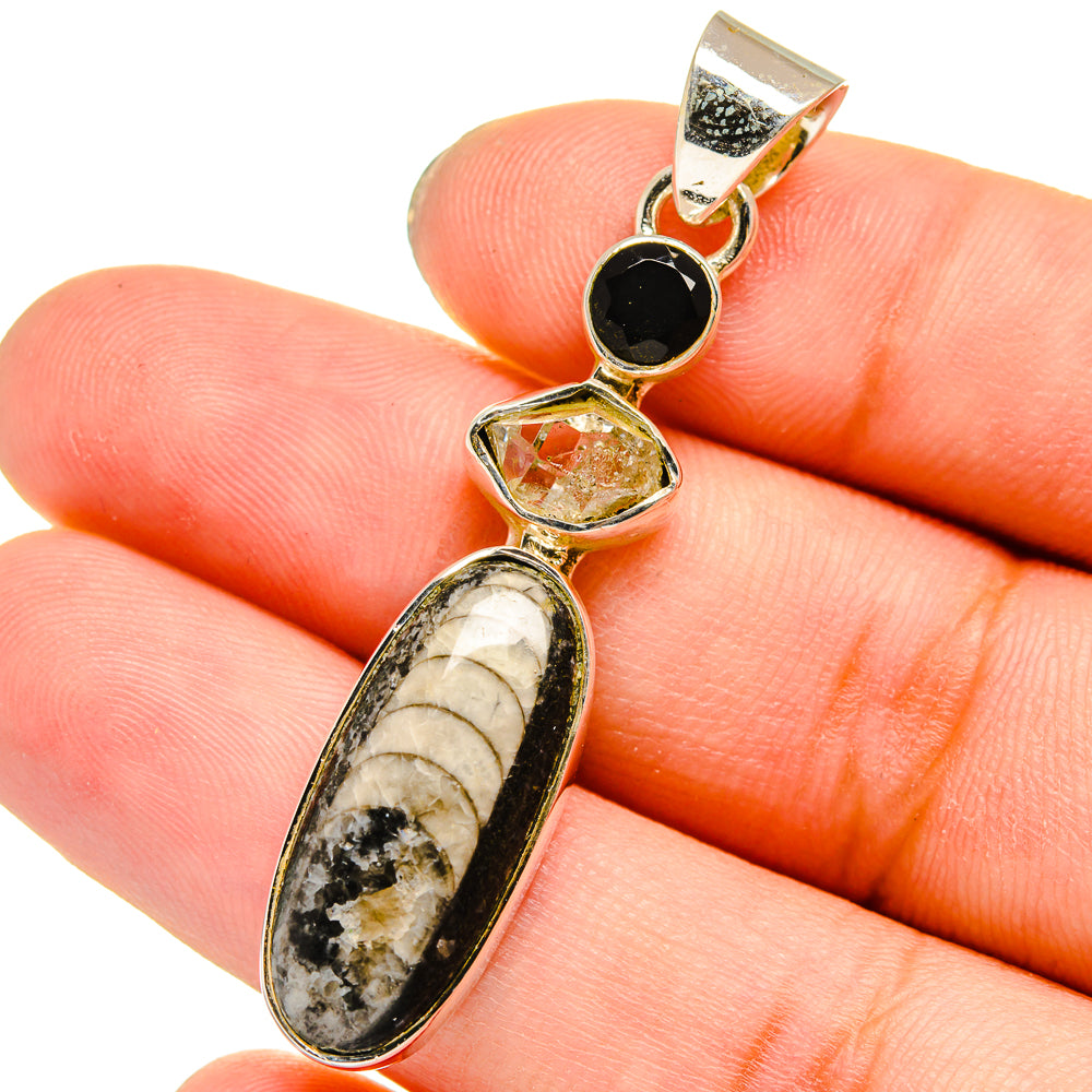 Orthoceras Fossil, Herkimer Diamond, Black Onyx Pendants handcrafted by Ana Silver Co - PD13661