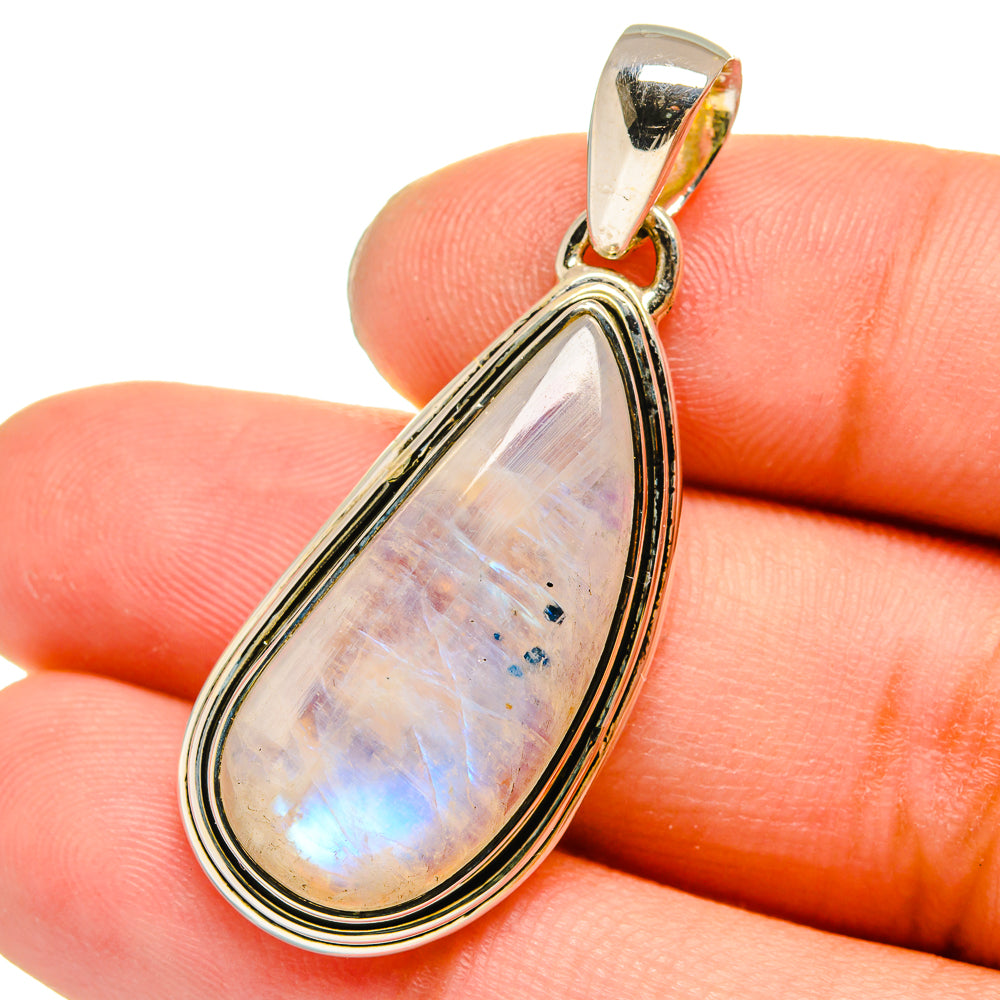 Sterling silver teardrop moonstone pendant with rainbow sheen and loop bail