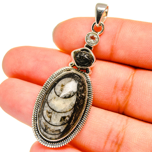 Orthoceras Fossil, Black Tourmaline, Blue Topaz Pendants handcrafted by Ana Silver Co - PD13683