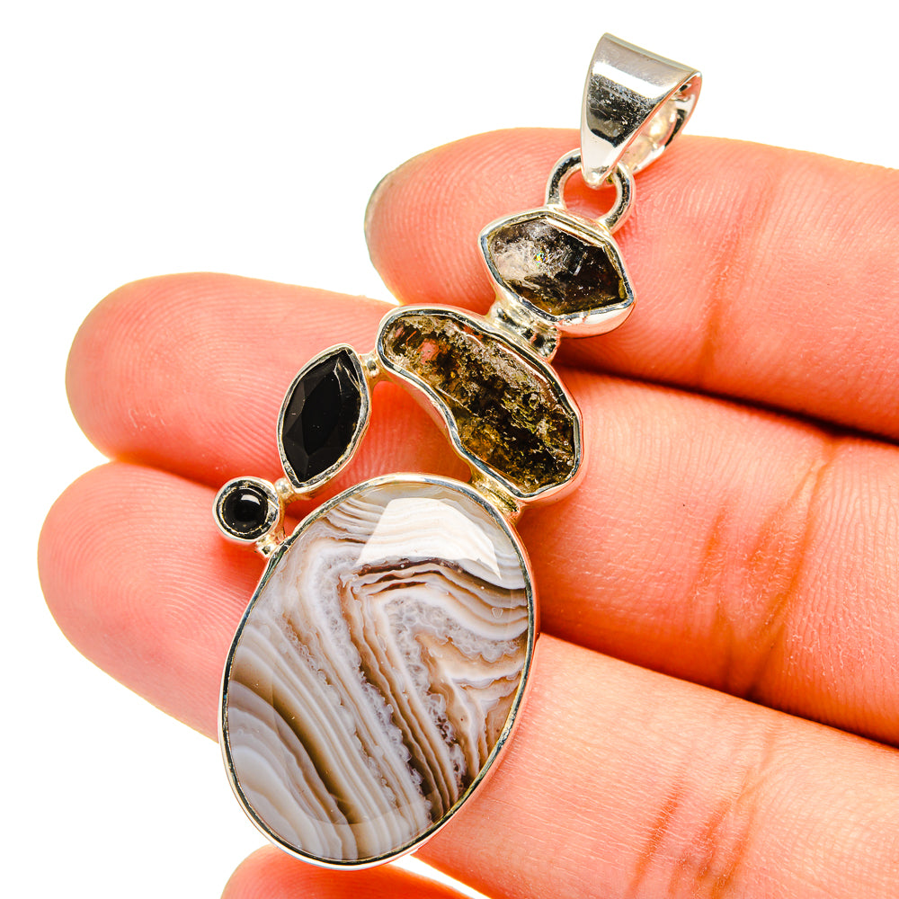 Botswana Agate, Herkimer Diamond, Black Onyx Pendants handcrafted by Ana Silver Co - PD13717