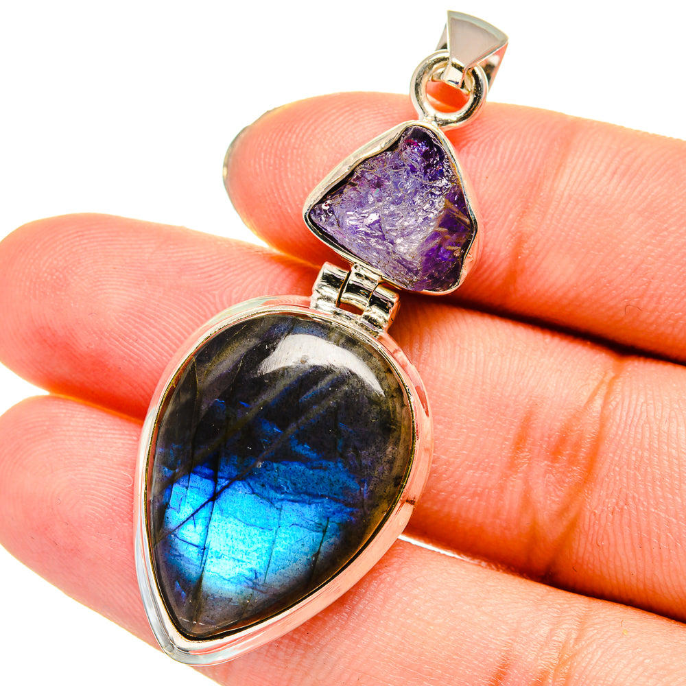 Labradorite and tanzanite pendant in 925 sterling silver, teardrop stones
