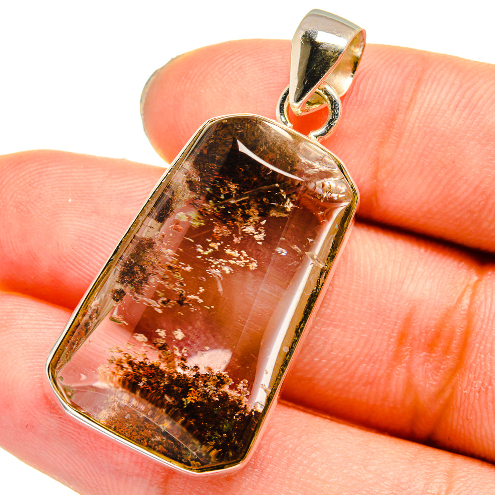 Rectangular garden quartz pendant in gold-tone bezel, on 925 sterling silver bail