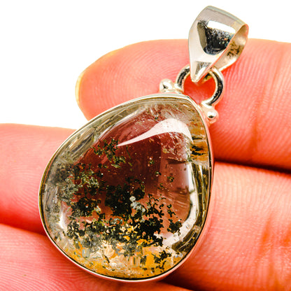 Teardrop garden quartz pendant, sterling silver bail, clear quartz with green and amber flecks