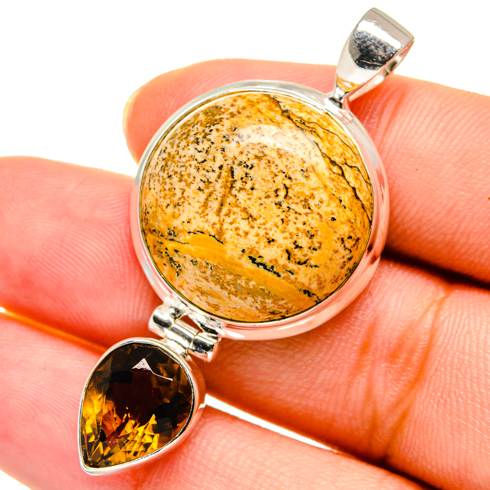 Round picture jasper cabochon with dark lines and teardrop citrine, 925 silver pendant