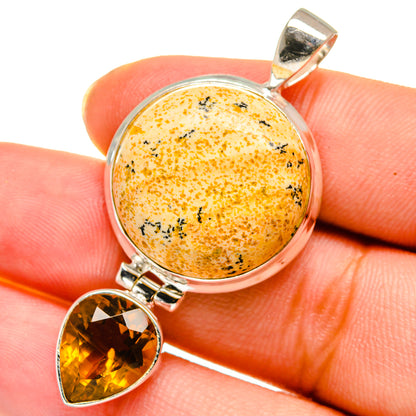 Round picture jasper cabochon and teardrop citrine set in 925 sterling silver pendant