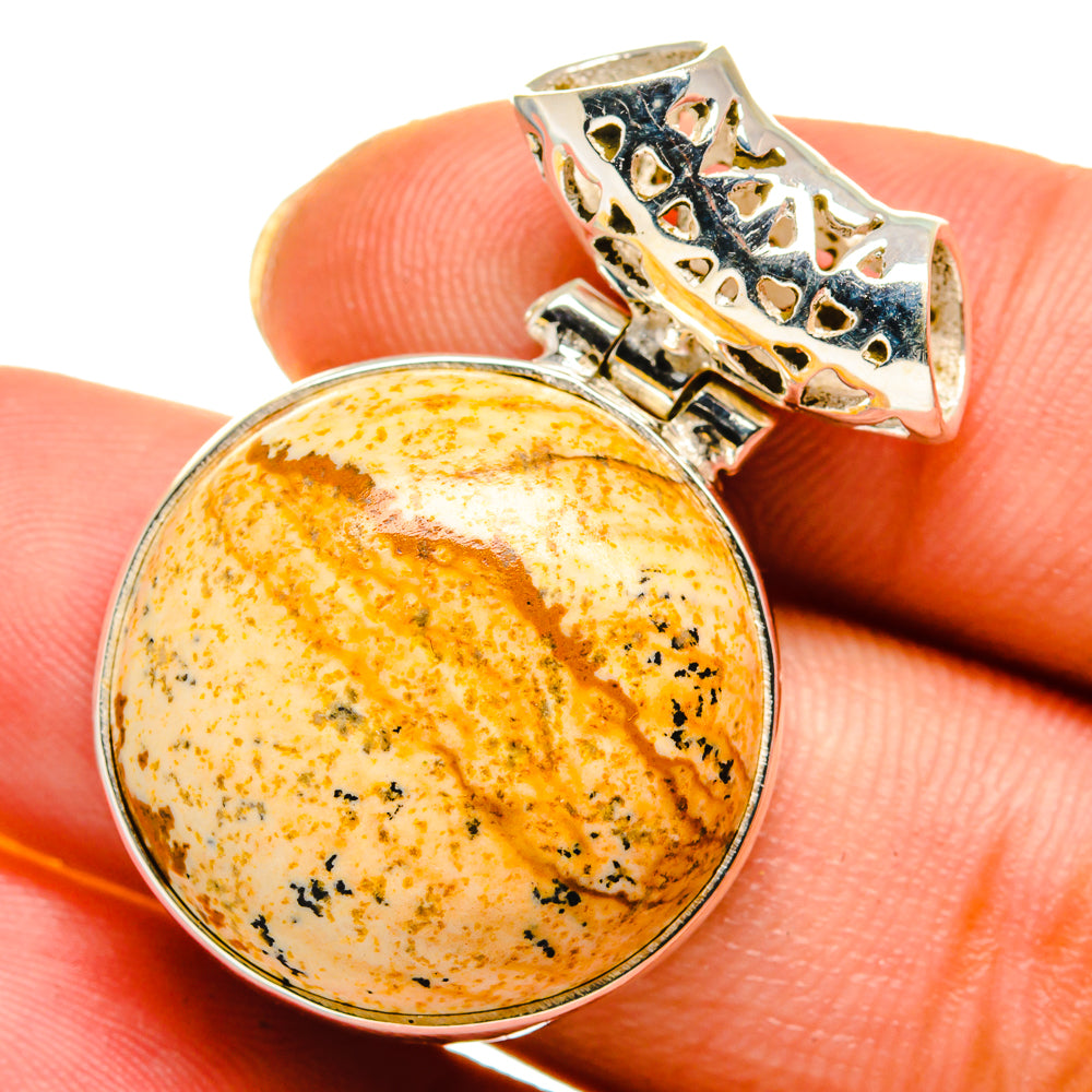 Round picture jasper pendant, yellow-gold stone with silver bezel and bail