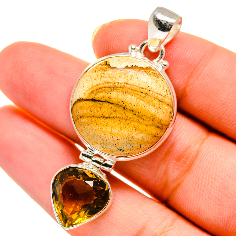 Sterling silver gemstone pendant with oval picture jasper cabochon and citrine drop