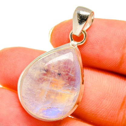 925 sterling silver rainbow moonstone pendant, close-up teardrop stone with rainbow sheen