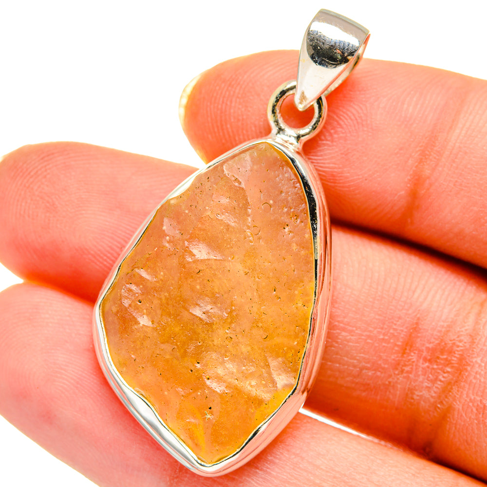 Amber orange teardrop pendant with speckled Libyan desert glass, 925 silver bail