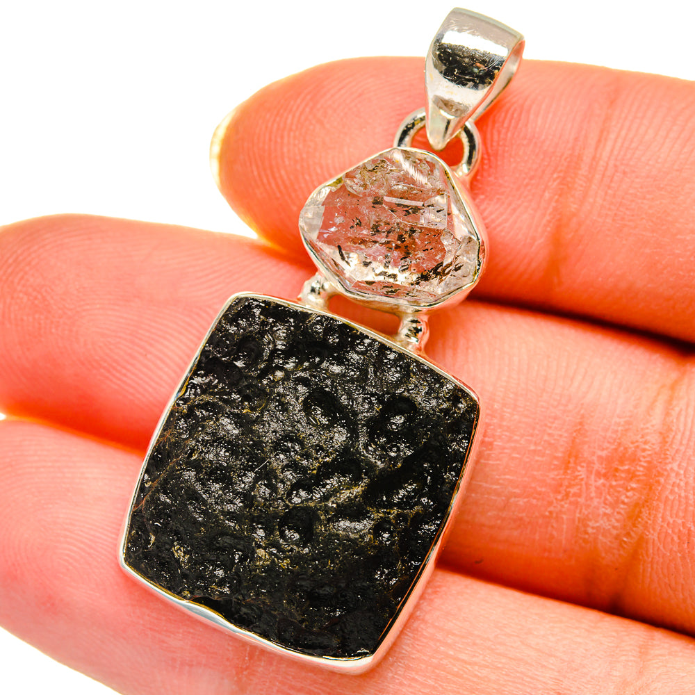 Sterling silver pendant: black tektite square with clear Herkimer crystal drop