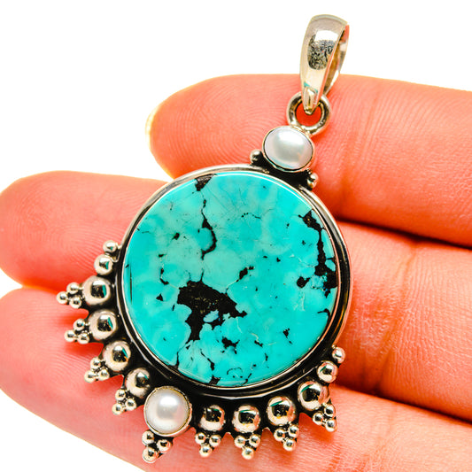 Tibetan Turquoise, Cultured Pearl Pendants handcrafted by Ana Silver Co - PD14250