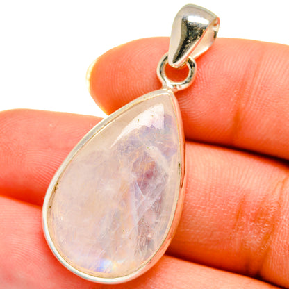 Teardrop moonstone pendant in polished silver with opalescent pale pink-blue flash