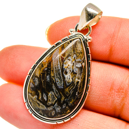 Teardrop agate pendant in 925 sterling silver, gold-toned bail, black and gold stone.