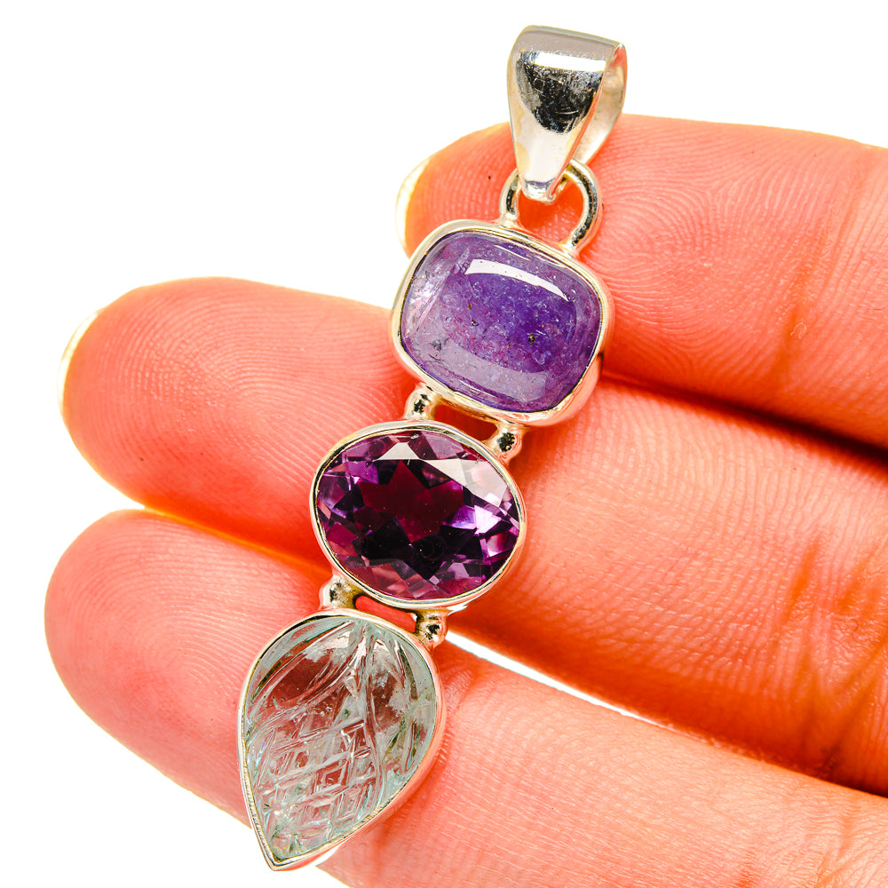 925 sterling silver pendant with oval purple amethyst, round purple stone, and green pear