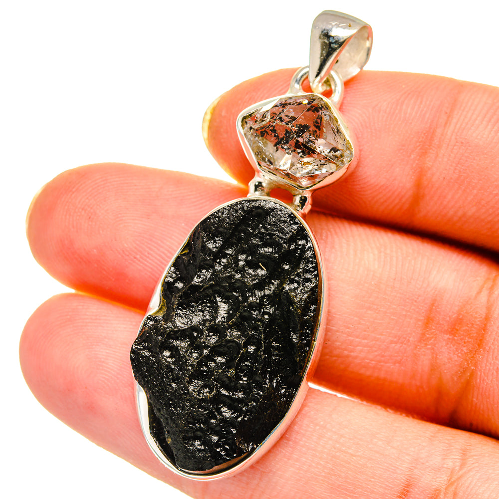 925 silver tektite pendant with clear diamond top and dark black center stone