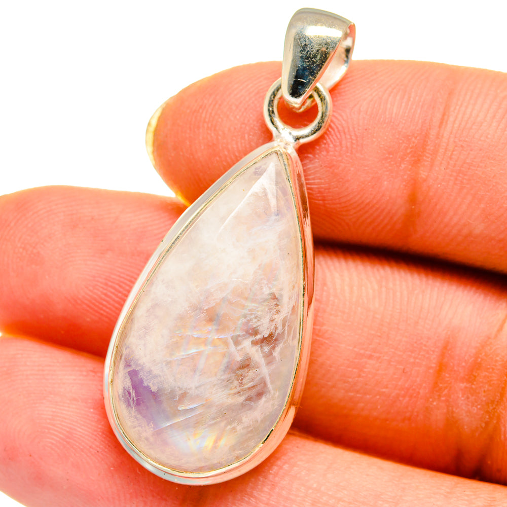 Teardrop moonstone pendant, sterling silver bezel and loop bail, close-up