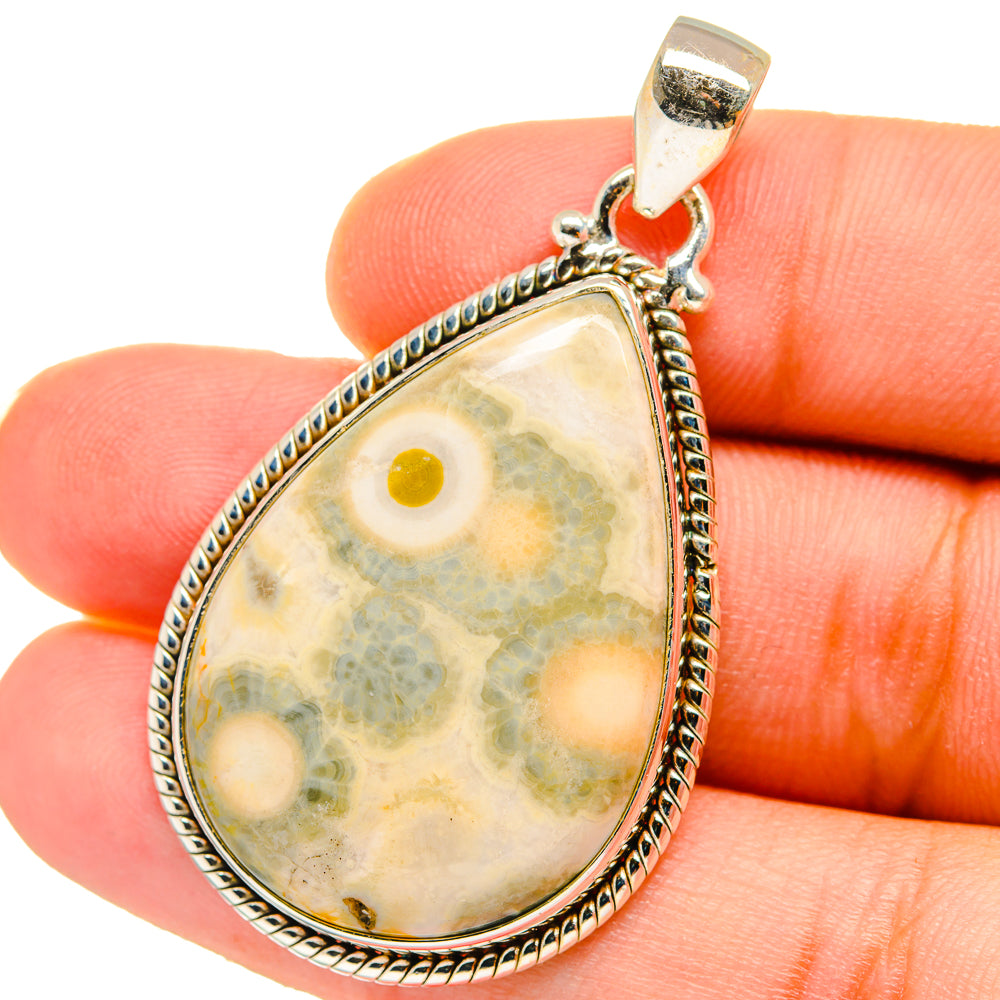 Sterling silver bail and teardrop ocean jasper pendant, mottled white and green