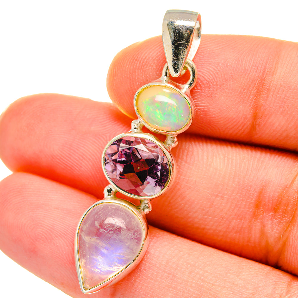 Sterling silver pendant with opal, amethyst, and rose-pink moonstone drop stones