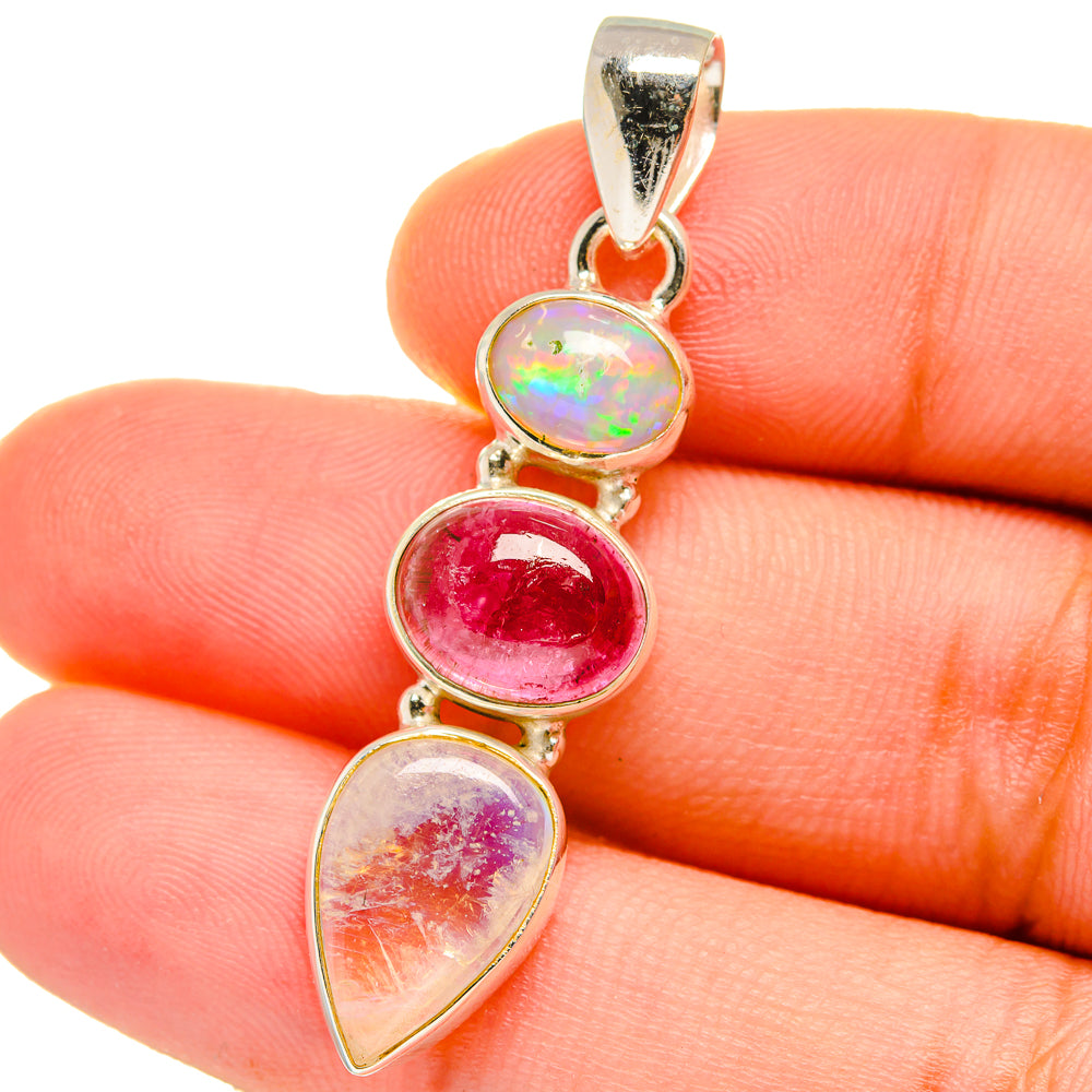 Rainbow Moonstone, Pink Tourmaline, Ethiopian Opal Pendants handcrafted by Ana Silver Co - PD14741