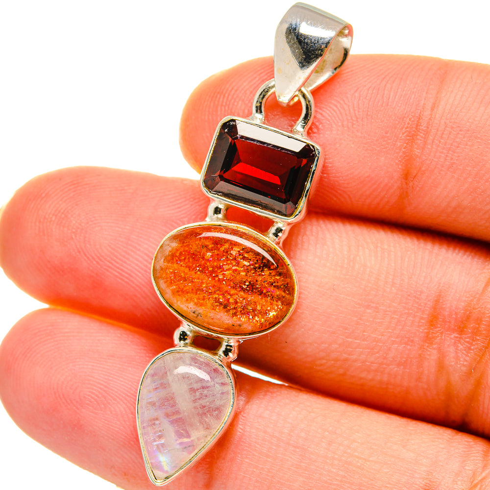 Rainbow Moonstone, Sunstone, Garnet Pendants handcrafted by Ana Silver Co - PD14742