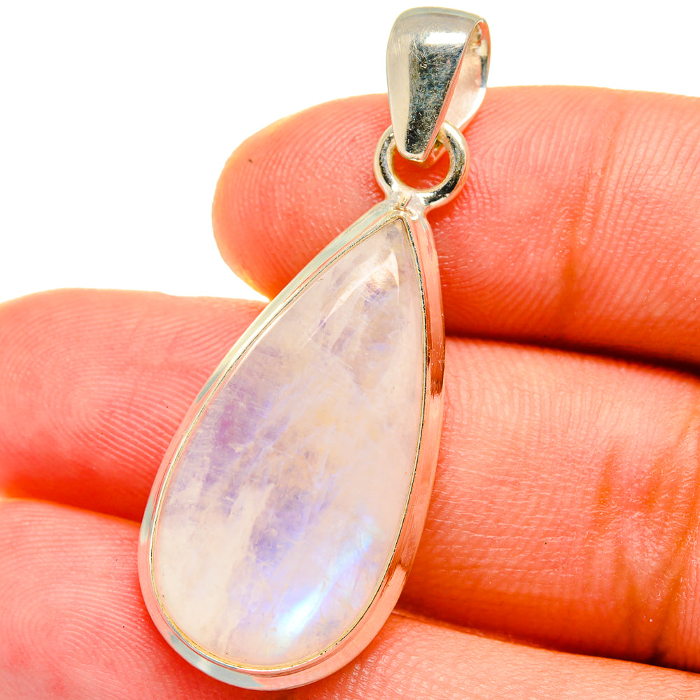 Teardrop moonstone pendant with rainbow flash in 925 sterling silver setting