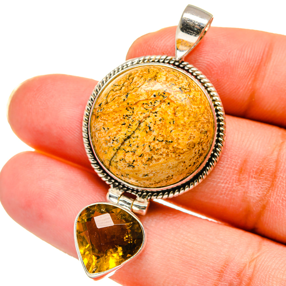 Round amber picture jasper pendant with teardrop yellow citrine, sterling silver bezel