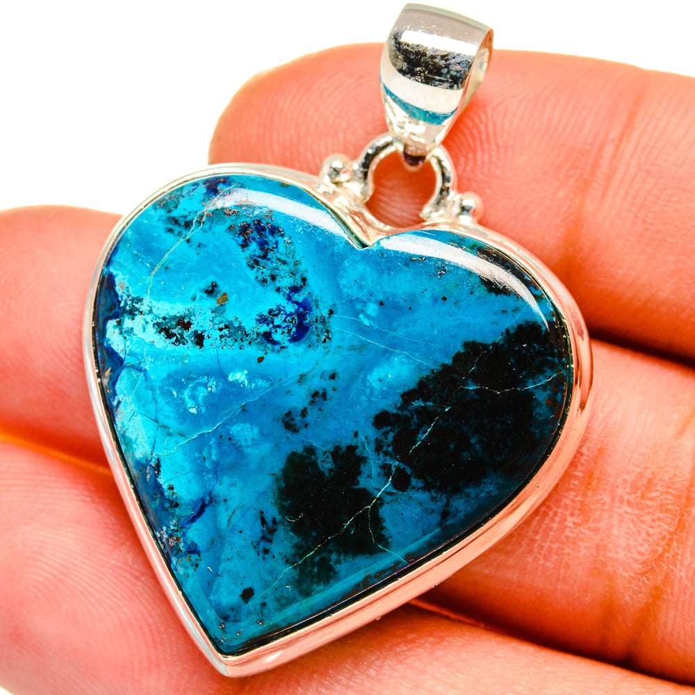 Sterling silver heart pendant with blue shattuckite stone cabochon