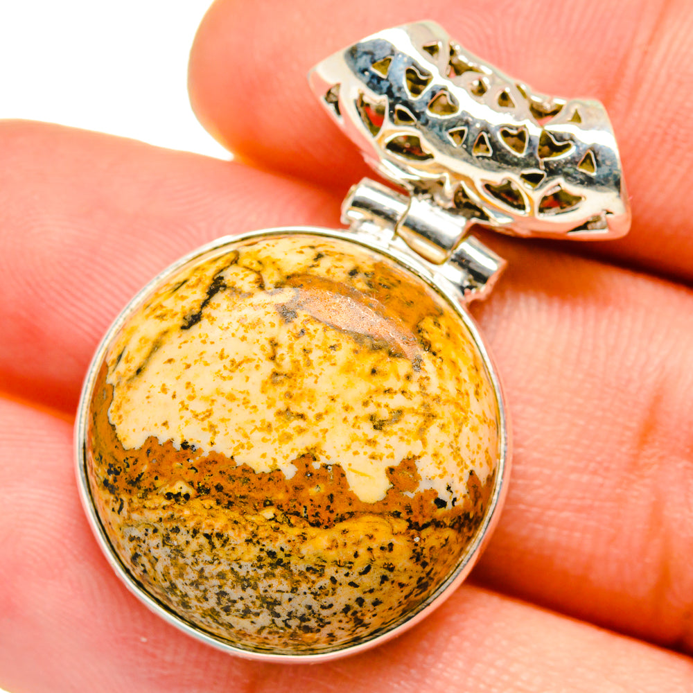 925 sterling silver picture jasper pendant with round amber-brown cabochon and filigree bail