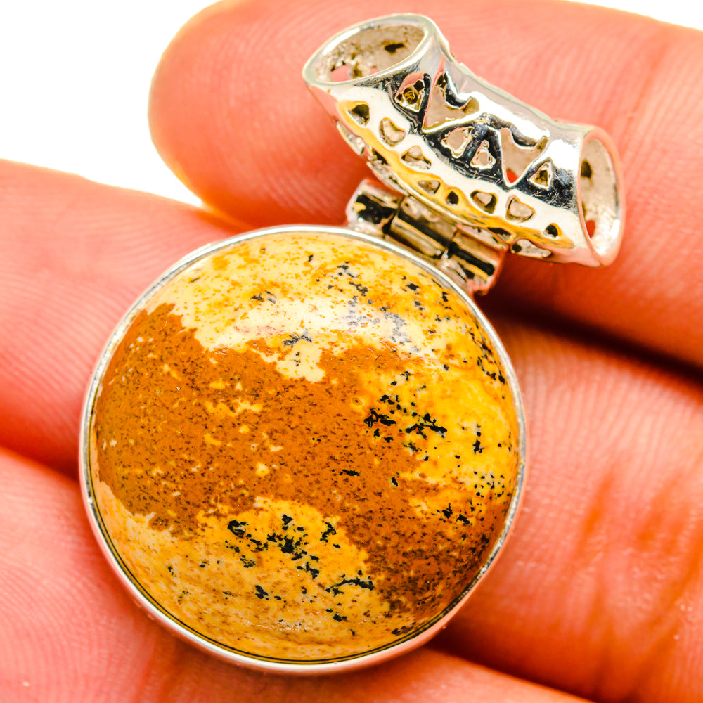 Picture jasper round cabochon pendant with openwork 925 sterling silver top
