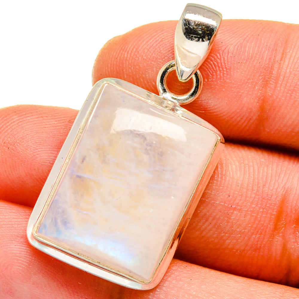 Rectangle moonstone pendant in sterling silver bezel, with round bail loop