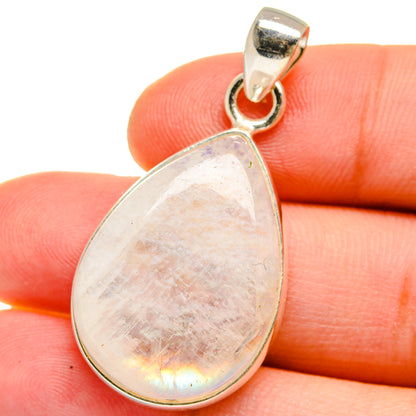 Teardrop moonstone pendant in sterling silver with rainbow iridescence, round bail