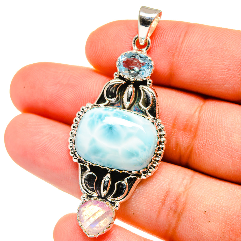 Larimar, Rainbow Moonstone, Blue Topaz Pendants handcrafted by Ana Silver Co - PD15347