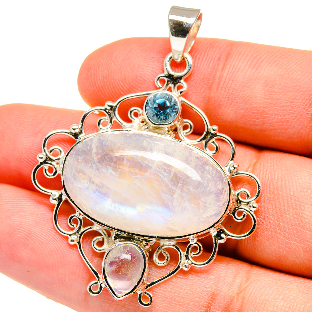 Rainbow Moonstone, Blue Topaz Pendants handcrafted by Ana Silver Co - PD15350