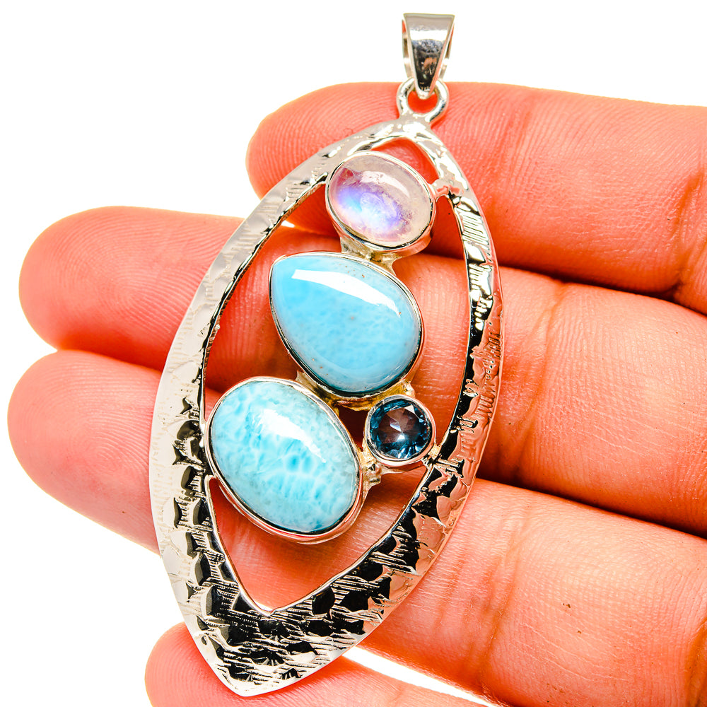 Larimar, Rainbow Moonstone, Blue Topaz Pendants handcrafted by Ana Silver Co - PD15380