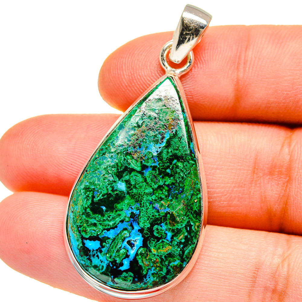 Teardrop chrysocolla and malachite pendant with 925 sterling silver frame, green blue