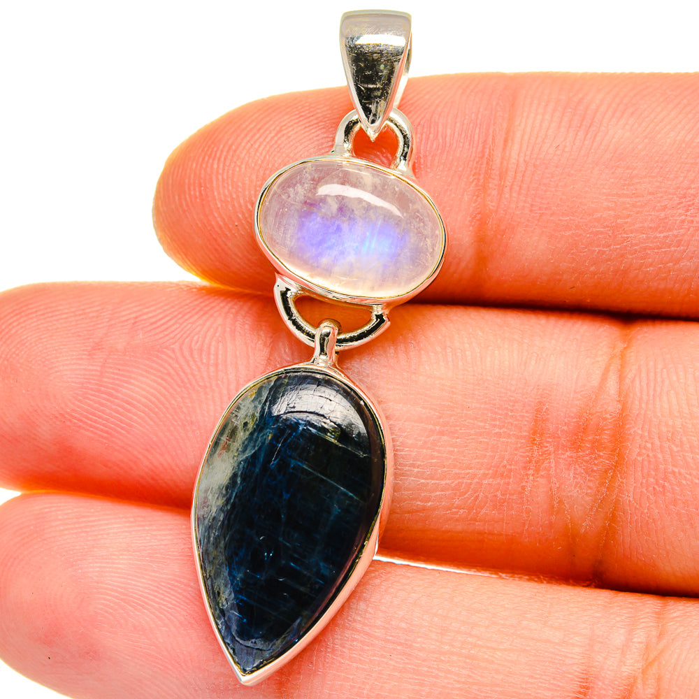 925 sterling silver pendant with oval rainbow moonstone and blue kyanite stones